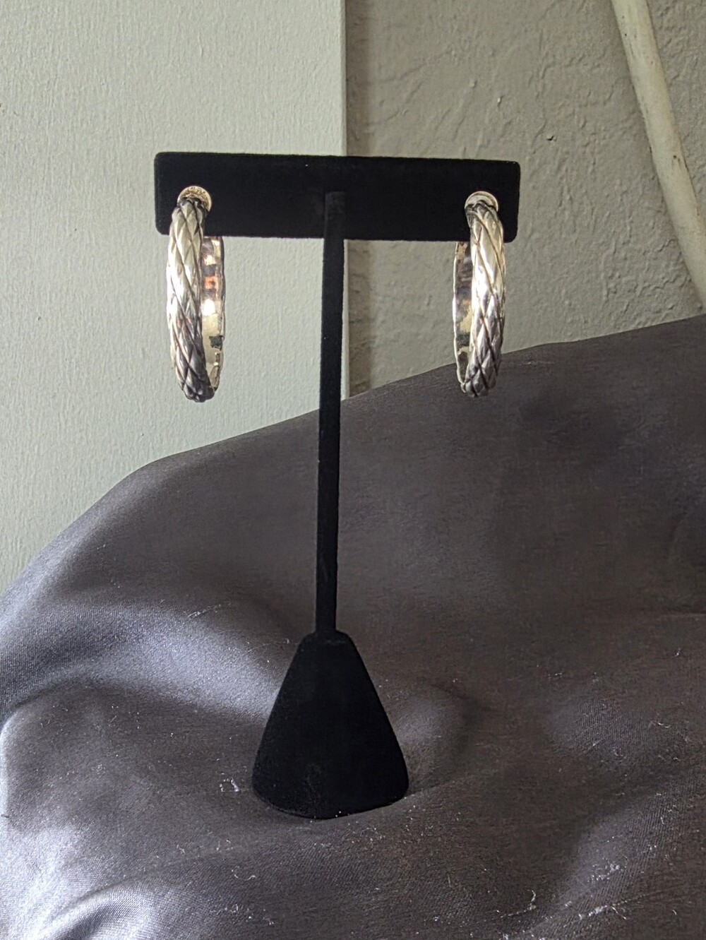 Italy 925 Silver Braided Woven Hoops Earrings - Picture 2 of 4